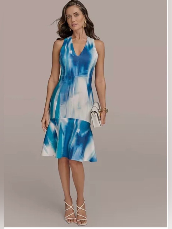 Donna Karan Dresses & Skirts - 💙 Blue and White DONNA KARAN Sleeveless V-Neck Ruffle Hem Dress - Size 8